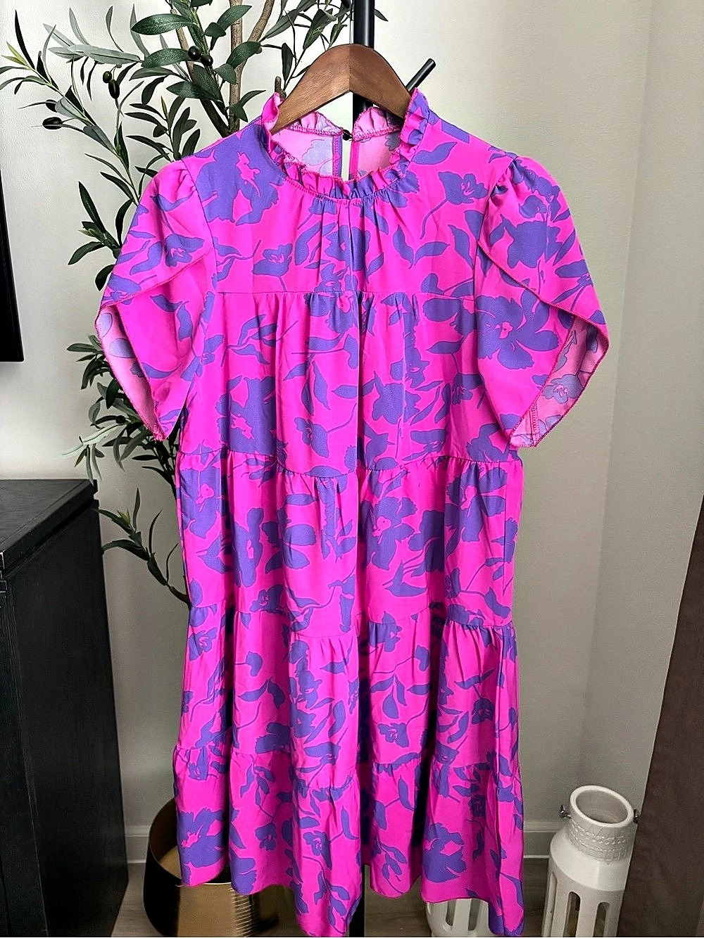 SHEIN Colorblock Tiered Ruffle Sleeve Dress Mini Dress Pink & Purple Large